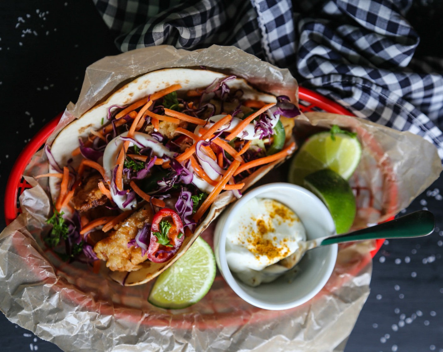 step 4 To serve, place a few chicken strips into a Flour Tortillas (to taste), add Red Cabbage (to taste), Jalapeño Pepper Slices (to taste), Serrano Pepper Rings (to taste), shredded Carrots (to taste) and put a dollop of ginger aioli on top. Serve and enjoy!