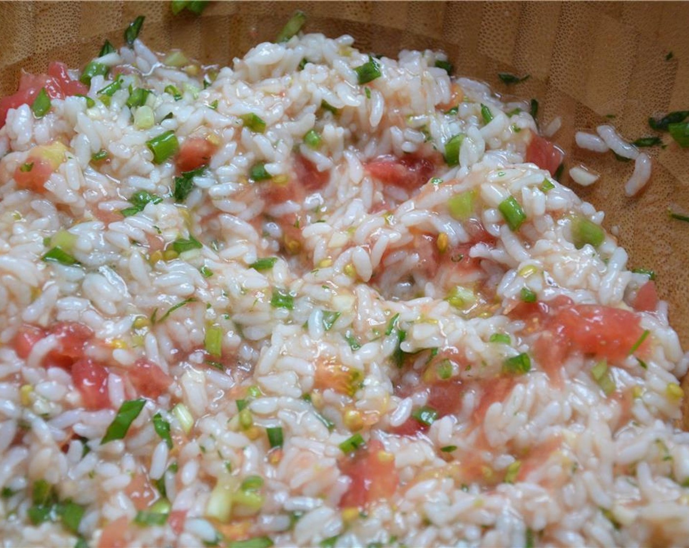 step 5 When the rice is cooked, mix it with the basil/tomatoes mixture.