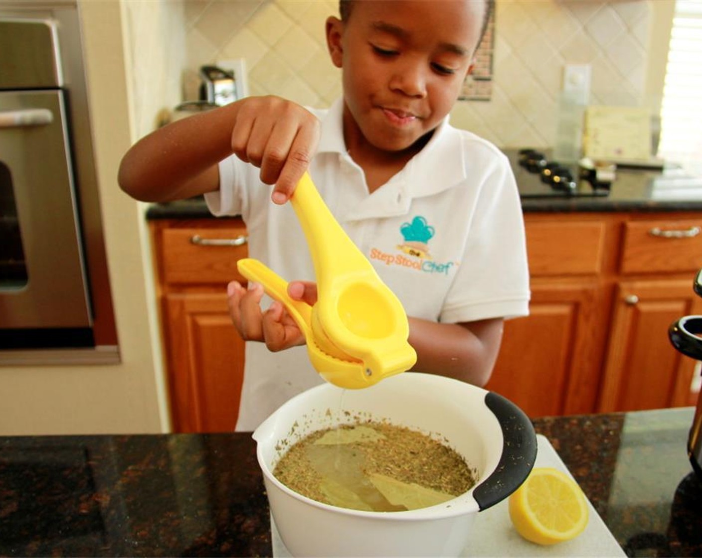 step 4 In a bowl, add Water (4 cups), Bay Leaves (2), Onion Powder (1 tsp), McCormick® Garlic Powder (1 tsp), Dried Basil (1 tsp), Dried Oregano (1 tsp), and Dried Thyme (1 tsp). Juice the Lemon (1/2) into the bowl. Pour mixture in slow cooker.