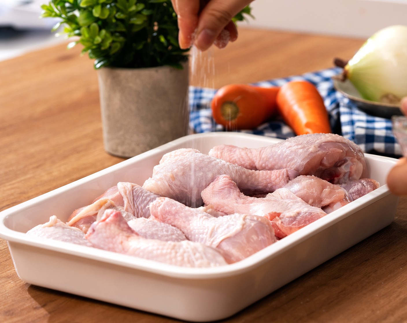 step 1 Season the Chicken Drumsticks (3 lb) with Salt (1 tsp) on all sides. Set aside.