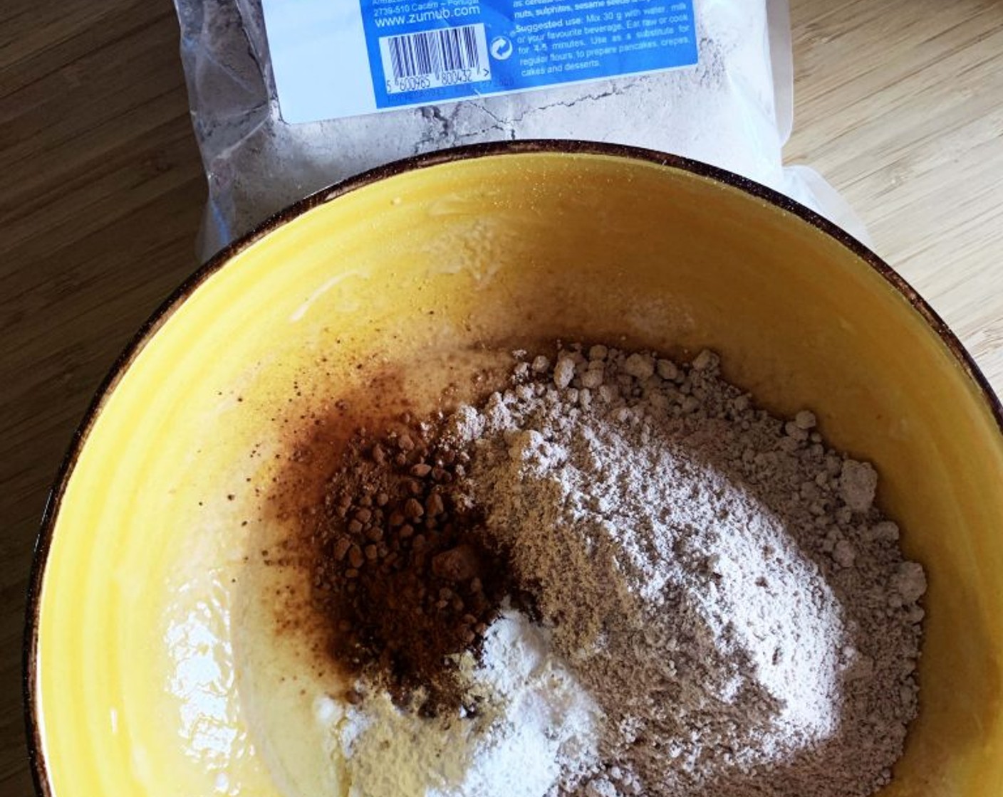 step 3 Add Xanthan Gum (1/4 tsp), Baking Powder (1/2 tsp), Oat Flour (2/3 cup), Rice Flour (3 Tbsp), Dark Cocoa Powder (4 Tbsp), and Salt (1 pinch).
