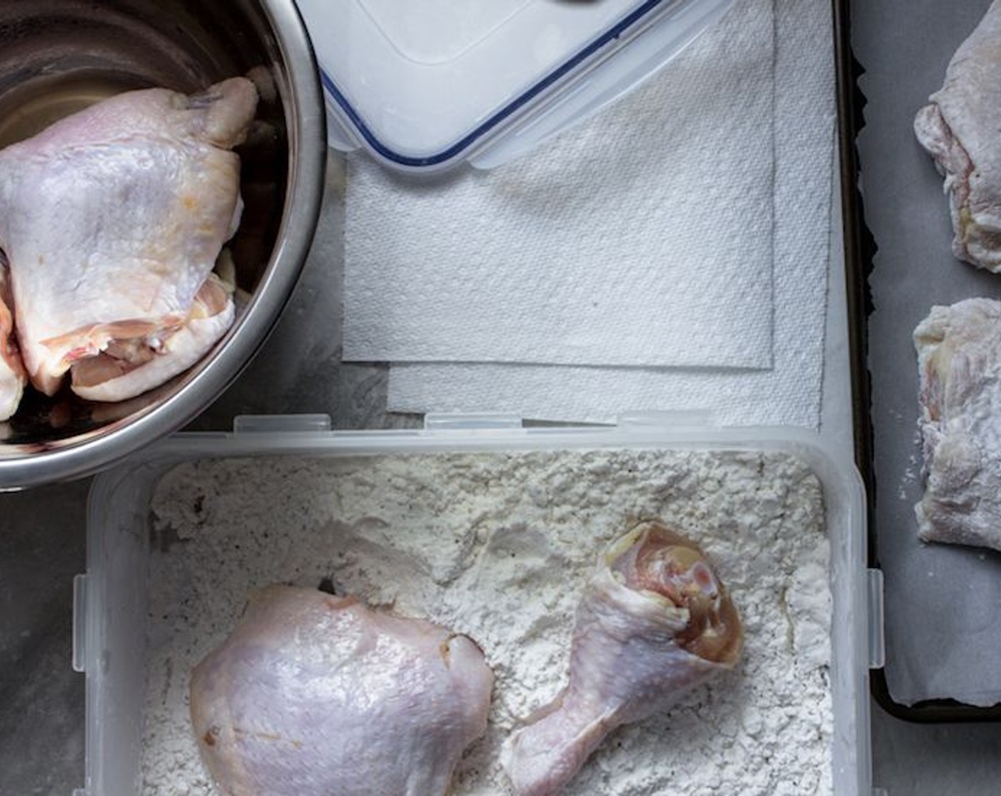 step 7 Pour the “Dry Mix” into a tupperware or a bag and put in a few chicken in at a time and shake the bag/tupperware to dust the chicken with it.