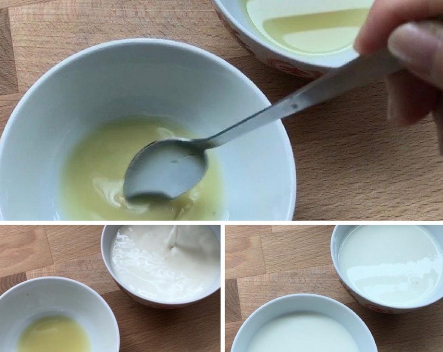 step 5 Just before pouring the milk into bowls, give the ginger juice a good stir. Then, immediately pour milk from a height to fill about 3/4 full.