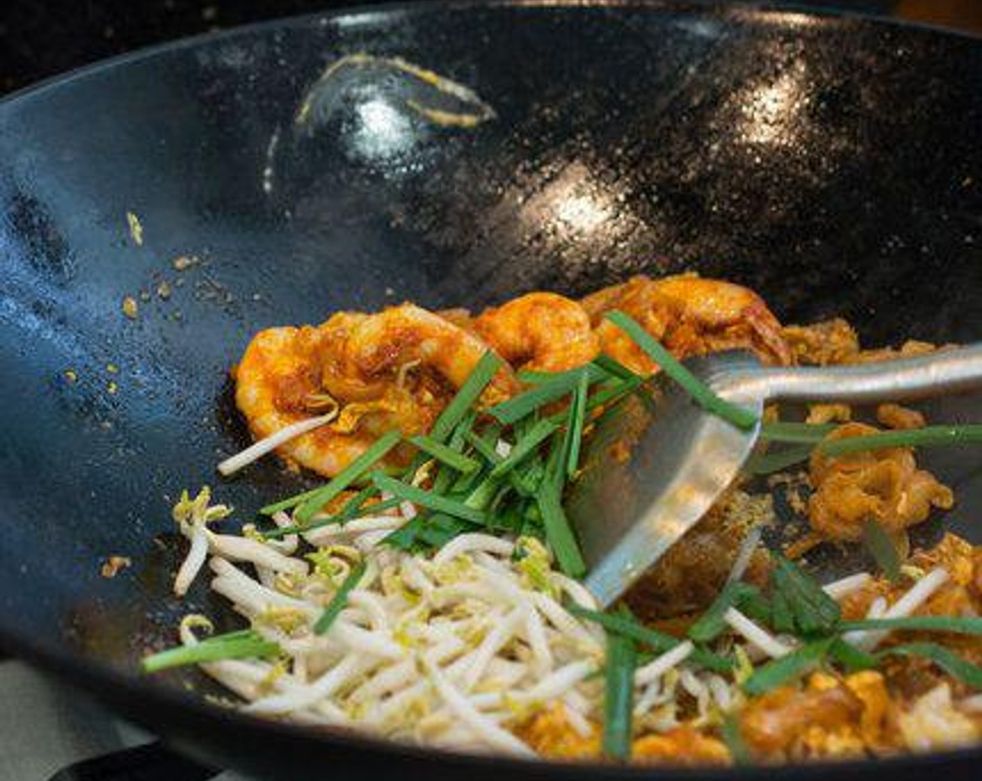 step 6 Add Bean Sprouts (1 cup) and Chinese Chives (1 handful), followed by the cooked shrimp and Chinese sausage.