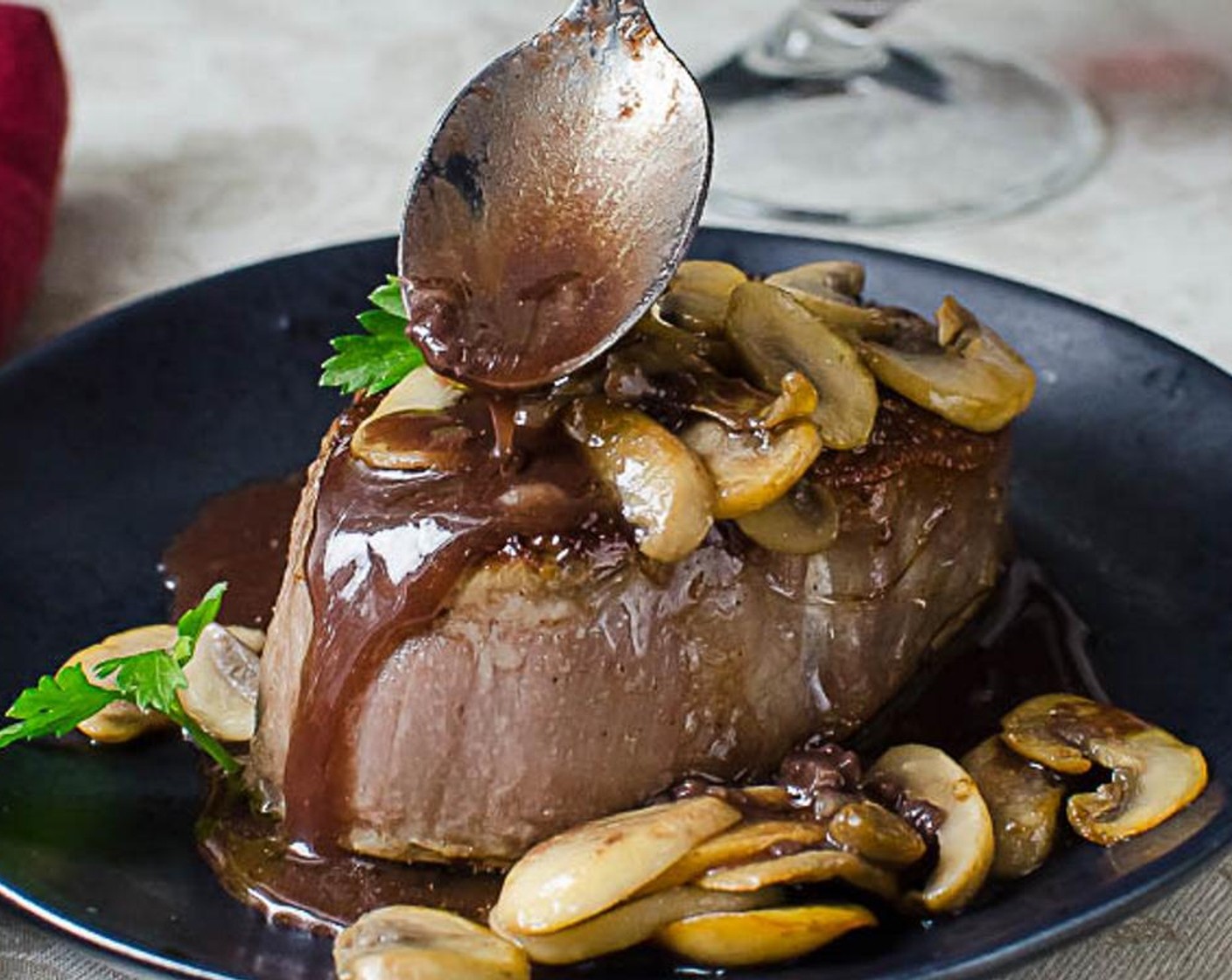 step 14 While the steak rests, heat the Bordelaise Sauce and stir in the mushrooms.