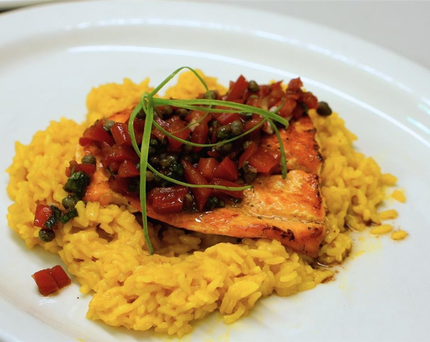 step 6 Plate the bamboo rice, salmon, and salsa, and serve immediately.