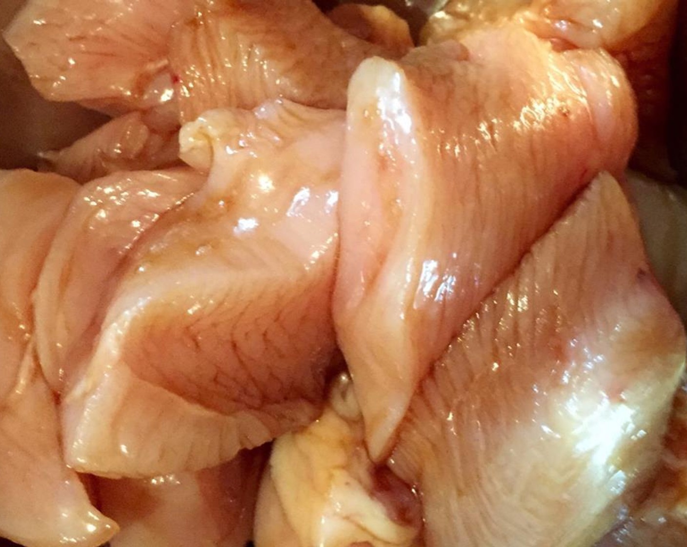 step 2 Remove any excess fat from the Chicken Thighs (16 oz) and cut into six or seven pieces, and put in a bowl. Sprinkle one tablespoon of Granulated Sugar (4 Tbsp) and one tablespoon of Soy Sauce (4 Tbsp) and mix. Let it sit in marinade until ready to cook.