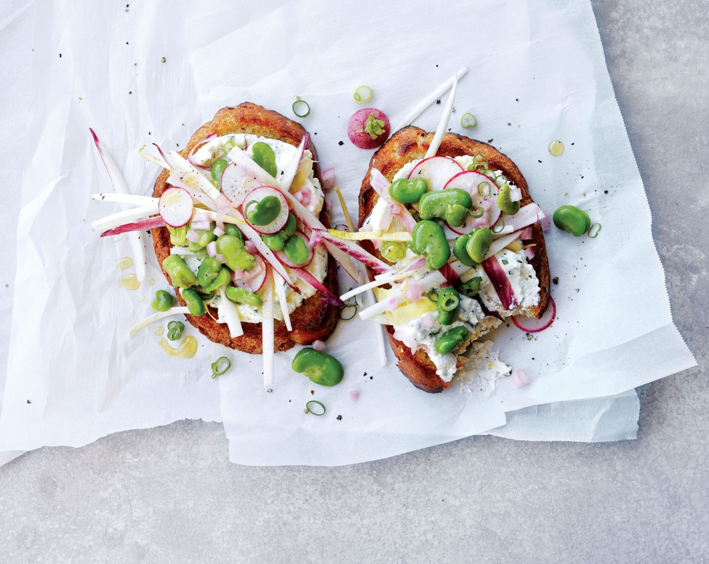 Endive and Fava Salad Tartines with Herbed Ricotta