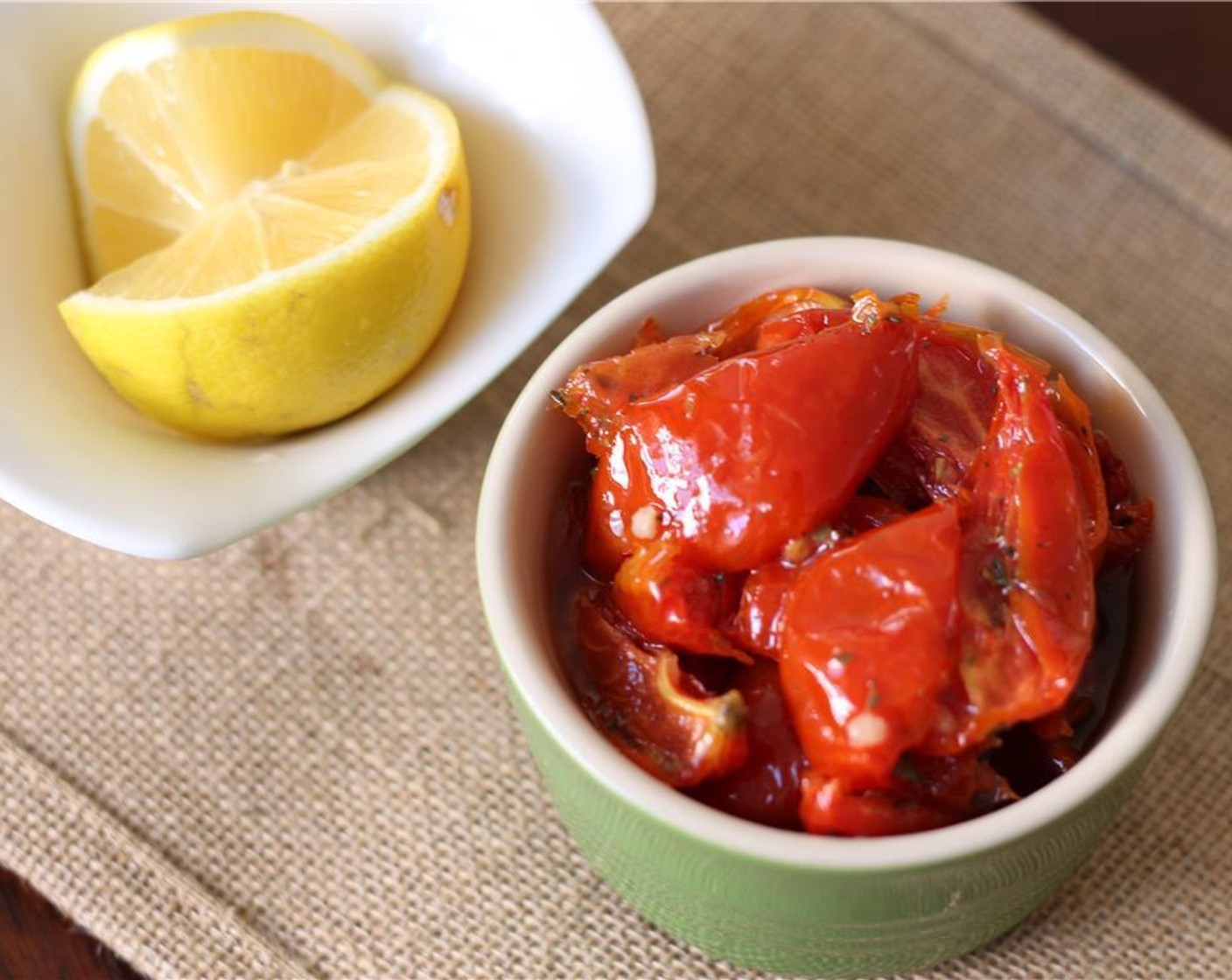 step 6 Roughly chop the Roasted Tomatoes (1 cup) and place them in a small bowl. Stir in the juice from Lemon (1). Season with Salt (to taste) and Ground Black Pepper (to taste). Set aside.