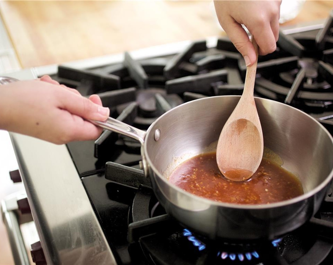 step 9 In a small bowl, stir together Corn Starch (1 Tbsp) and 1 tablespoon of cold water. Slowly add the mixture to the saucepot and let it simmer for about 30 seconds.