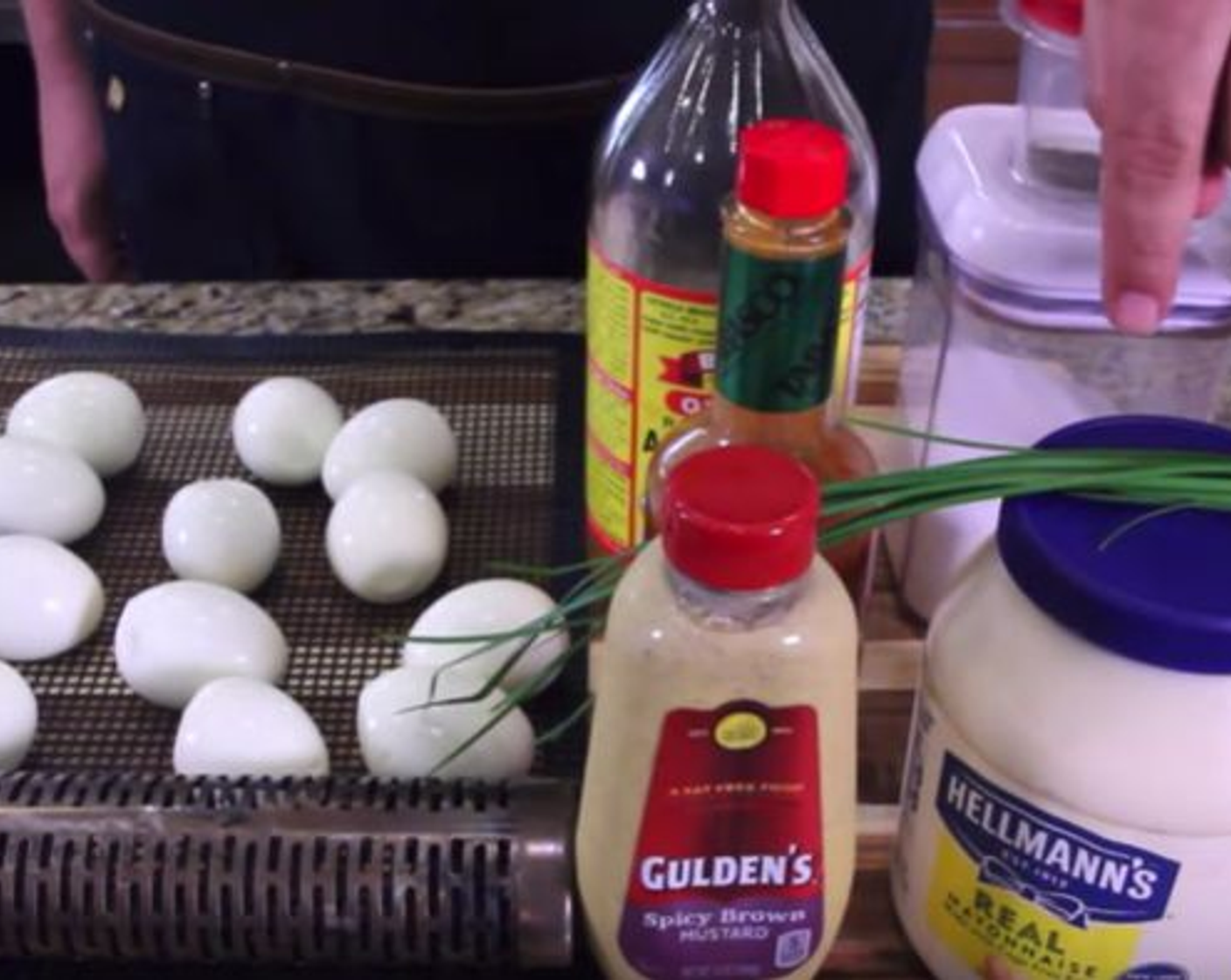 step 1 Bring a large pot of water to boil, add Eggland's Best Classic Eggs (12) cook for 9 minutes. Remove and rinse in cold water, then peel. Place the hardboiled eggs on a smoker mat and assemble your ingredients.