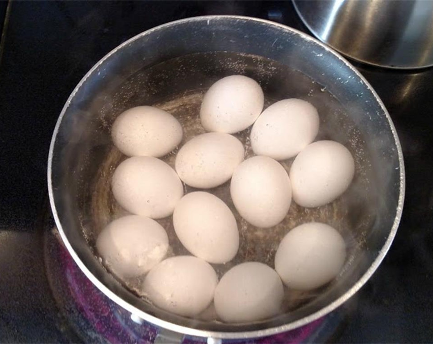 step 1 Boil whole Eggs (6) in salted water for 15 minutes.