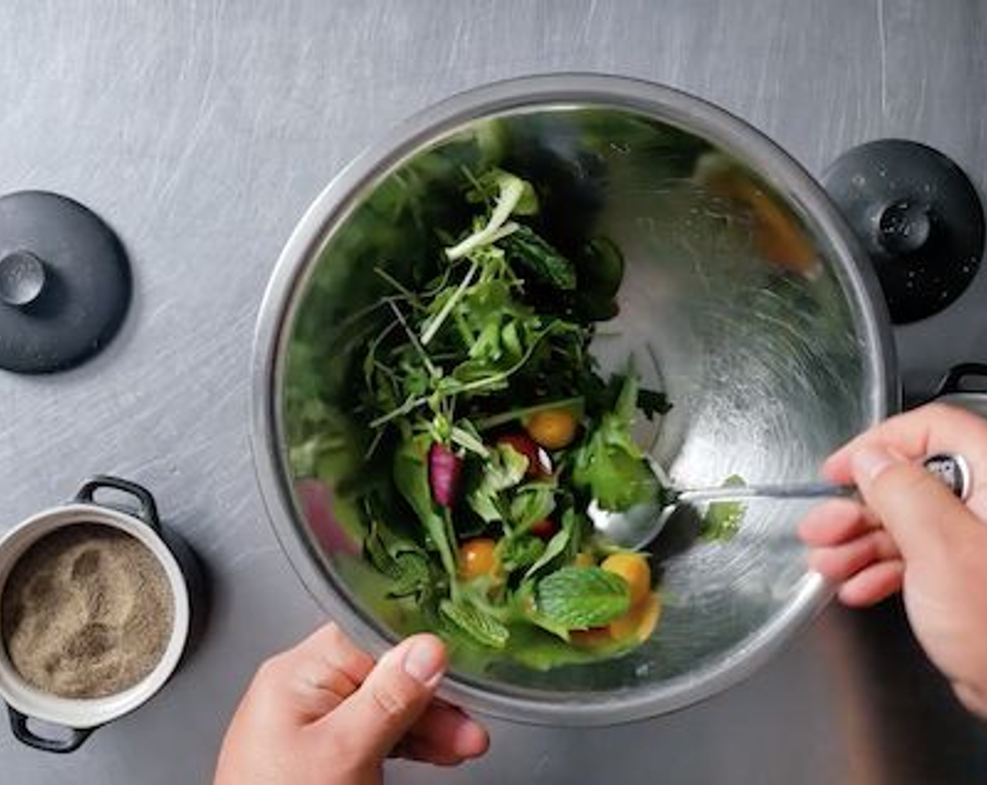 step 2 Toss Fresh Mint (1 sprig), Spring Mix Greens (1 handful), Heirloom Tomatoes (5), Pea Shoots (5), Beet (1), and Olive Oil (1 Tbsp).