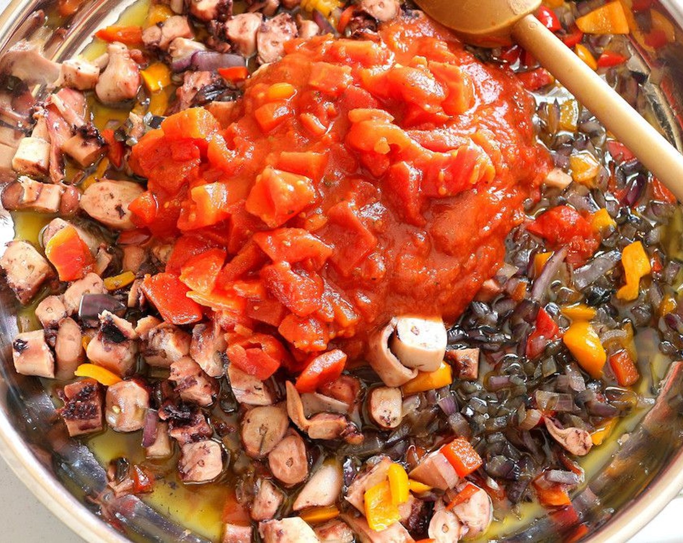 step 4 Add Red Wine (2 cups), Tomatoes (2 cups) and Tomato Sauce (2 cups).