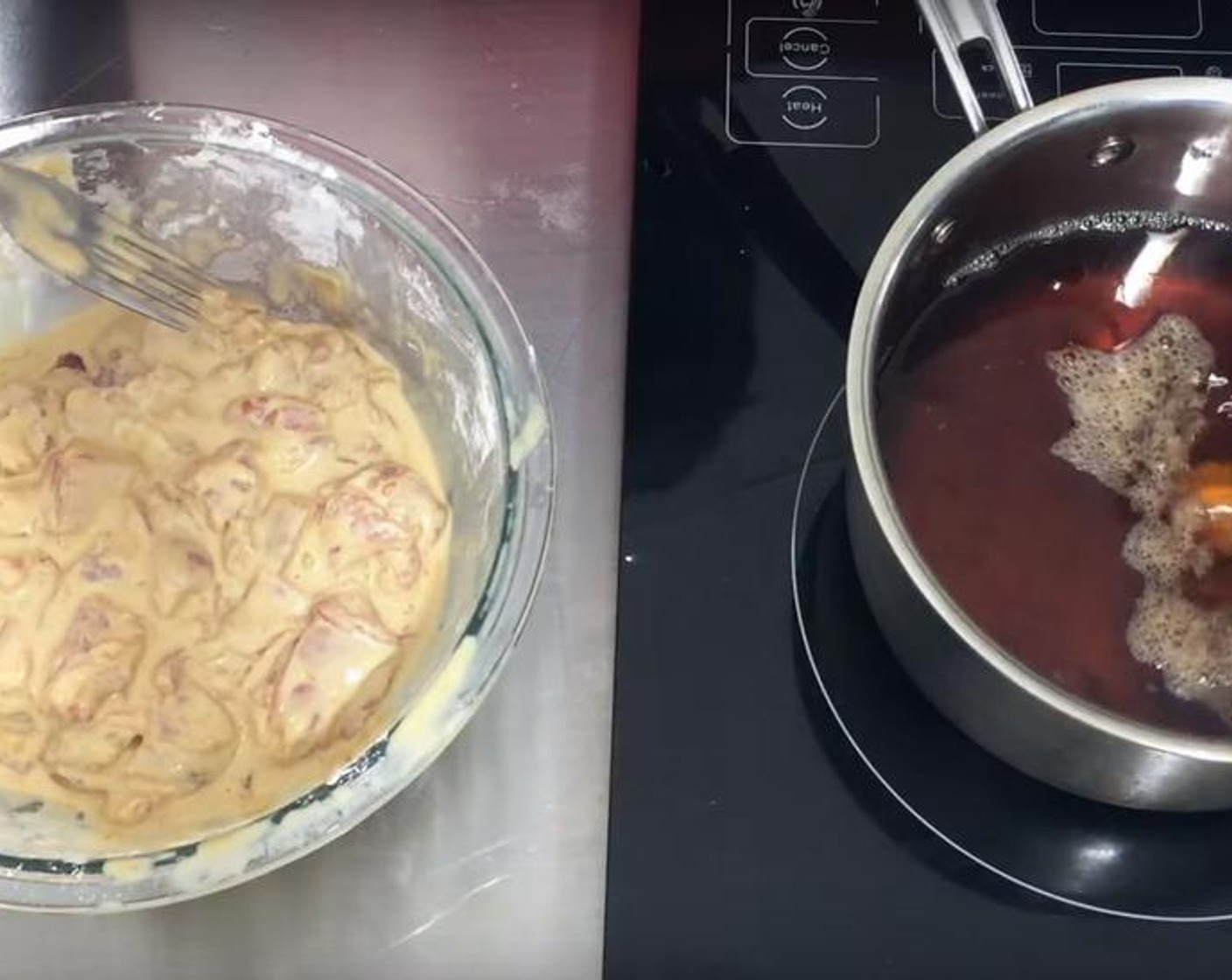 step 2 Heat Vegetable Oil (as needed) on the stove to 330 degrees F (165 degrees C). Put pieces of chicken into the oil, frying only a few at a time. Stir occasionally to make sure them don't stick to the bottom. Put the fried pieces on a rack. Repeat until all of the chicken pieces are fried.