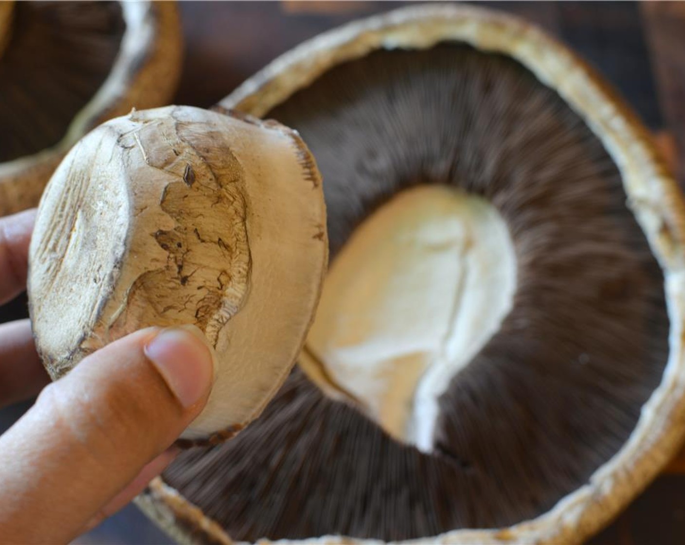step 1 Start by cleaning the Large Portobello Mushrooms (2). To do this, first gently pull out the stem by twisting and pulling on it.