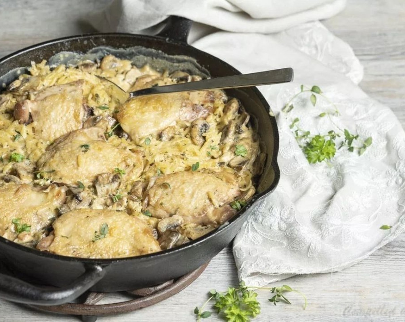 step 7 Stir in Chicken Broth (1 1/2 cups), Orzo Pasta (1 cup), Garden Vegetable Cream Cheese (1/2 cup), Fresh Parsley (1 Tbsp), Italian Seasoning (1/2 tsp), Kosher Salt (1/4 tsp), and Ground Black Pepper (1/4 tsp).