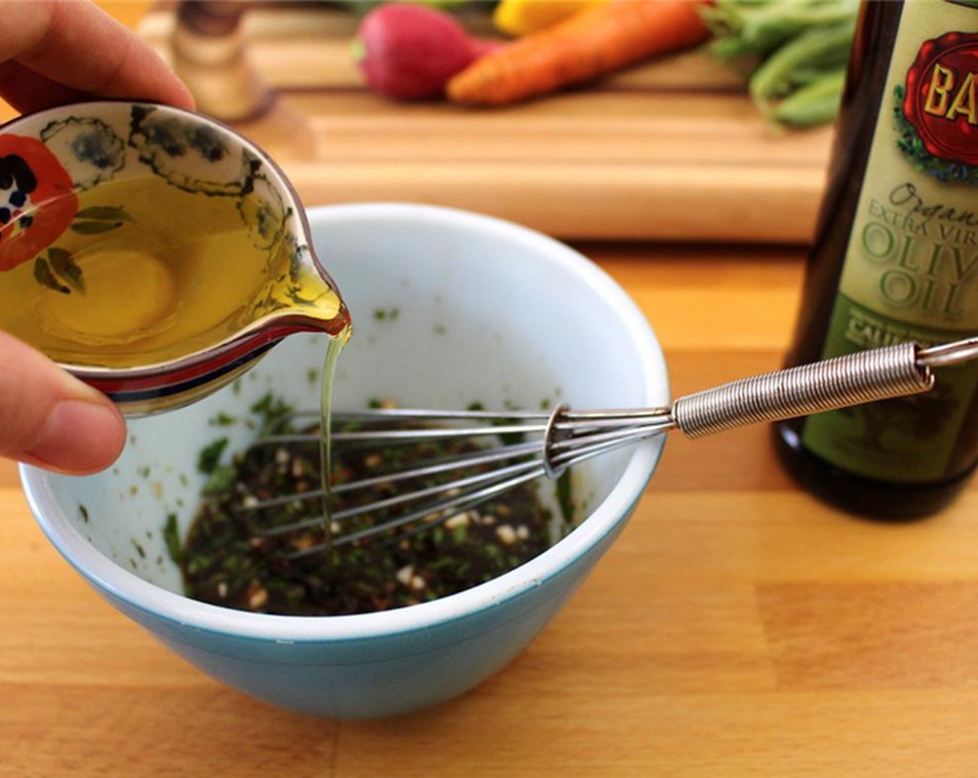 step 4 Whisk Balsamic Vinegar (1/4 cup), Dijon Mustard (1/2 Tbsp), Garlic (2 cloves), and Cayenne Pepper (1 pinch). Stream in Olive Oil (2 Tbsp) as you whisk. Taste and adjust seasoning if desired.