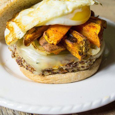 Quinoa Veggie Burger Topped with Sweet Potato and Eggs Recipe | SideChef