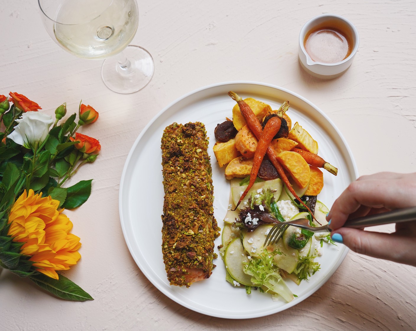 Sheet Pan Pistachio Salmon with Apple Honey Salad