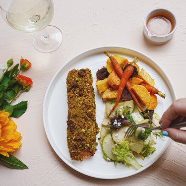 Sheet Pan Pistachio Salmon with Apple Honey Salad Recipe | SideChef