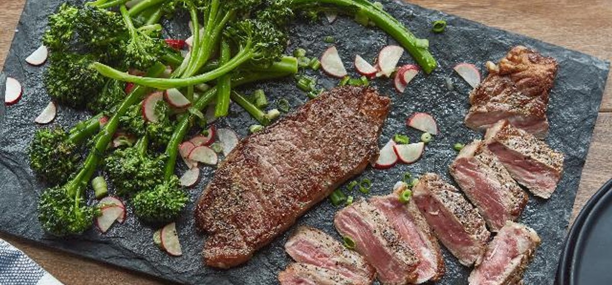 New York Steaks with Broccolini Radish Salad Recipe | SideChef