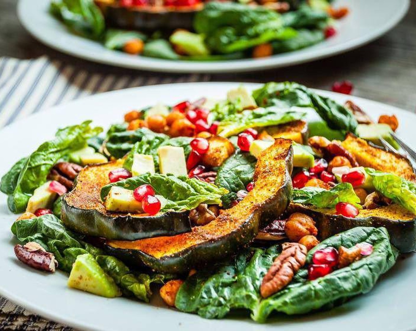 step 7 Assemble salad with Kale (1 bunch), squash, chickpeas, Avocado (1), Pomegranate Seeds (4 Tbsp), Pecans (4 Tbsp) and dressing. Enjoy!