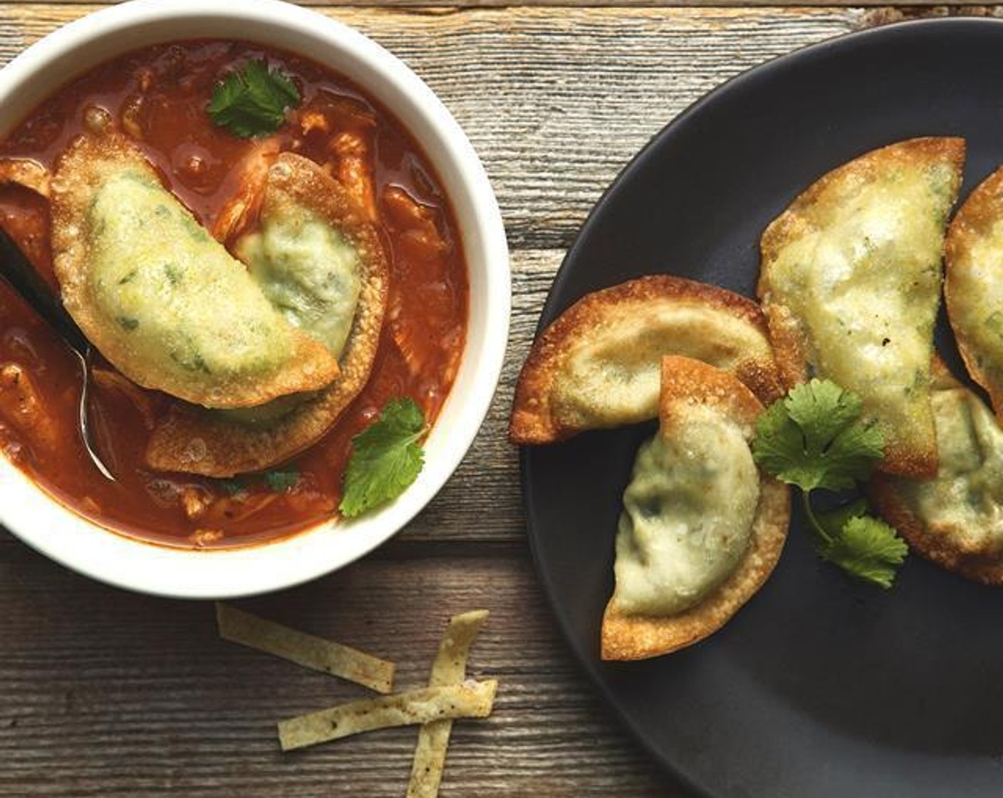 Chicken Tortilla Soup with Guacamole Wontons