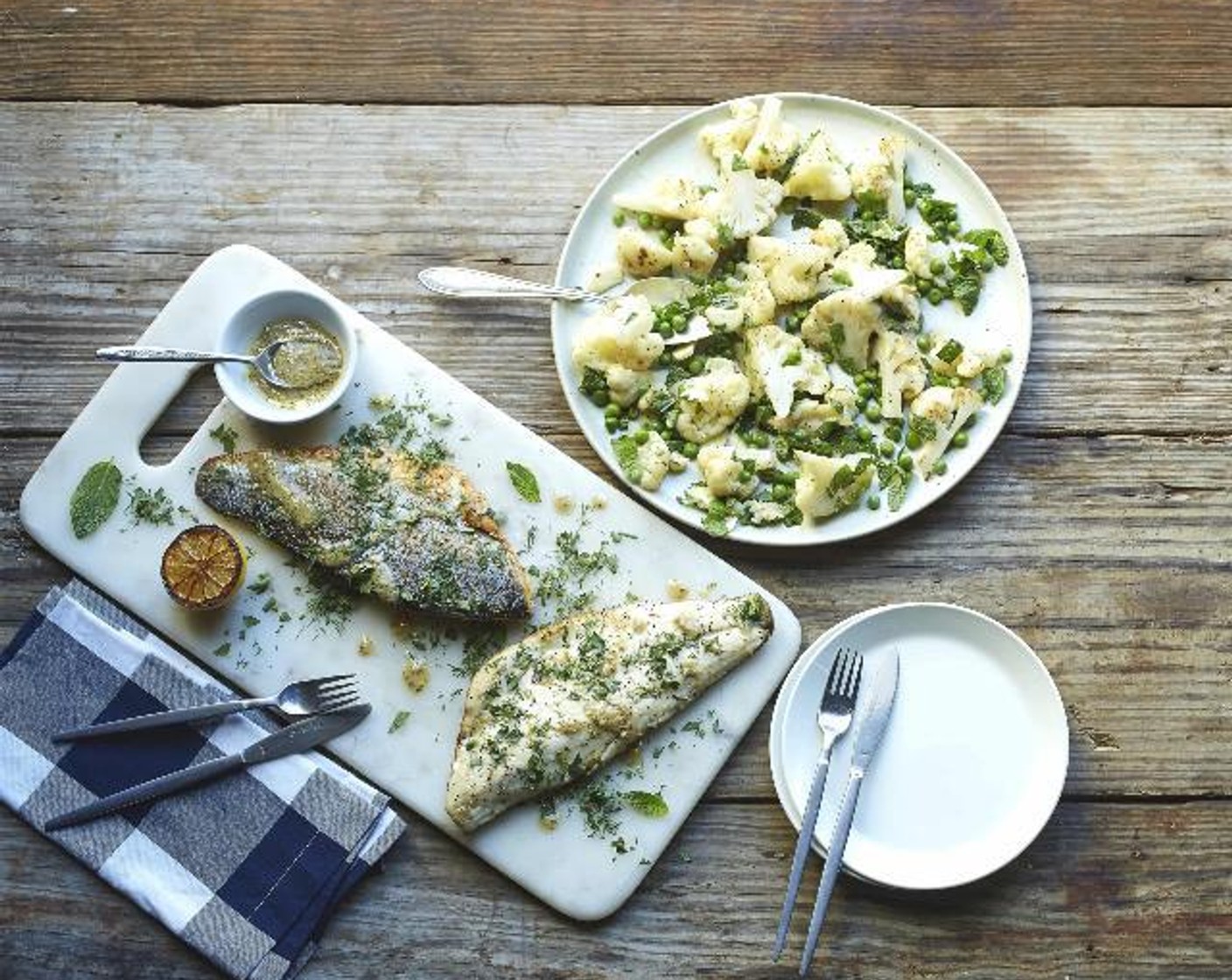 Seared Branzino with Garlic Roasted Cauliflower