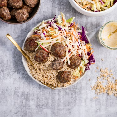 Pork Meatball Rice Bowl with Rainbow Yogurt Slaw Recipe | SideChef