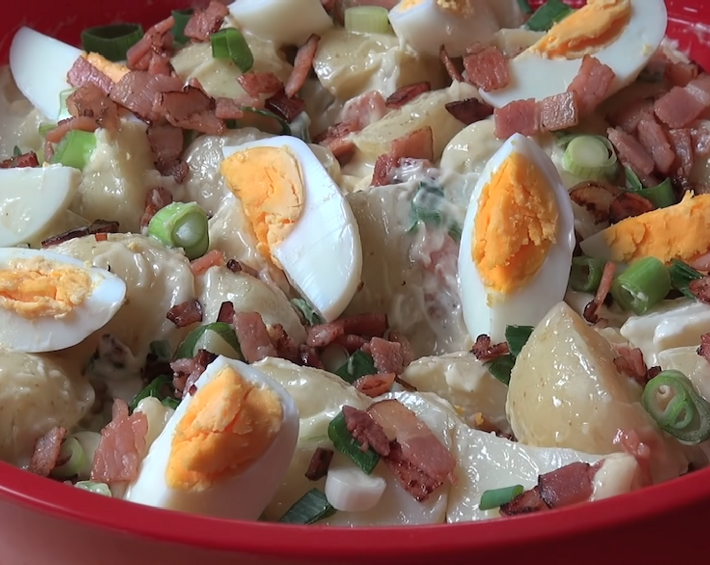 step 4 Add the Scallion (1 bunch), bacon and the dressing to the potatoes. Toss everything up. Garnish the top of the salad with the Eggs (6). Serve and enjoy!