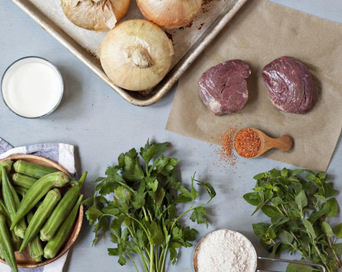 Beef Tenderloin with Herbed Onion Rings and Okra