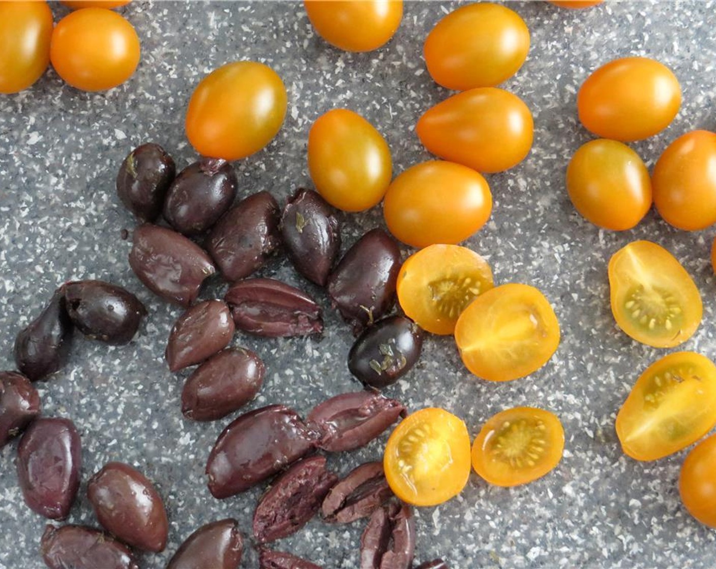 step 1 Bring a medium pot of salted water to a boil. Roughly chop the Fresh Basil (1/4 cup). Julienne the Fresh Mint (2 Tbsp). Halve the Yellow Cherry Tomato (1 cup) and Kalamata Olives (1/2 cup).