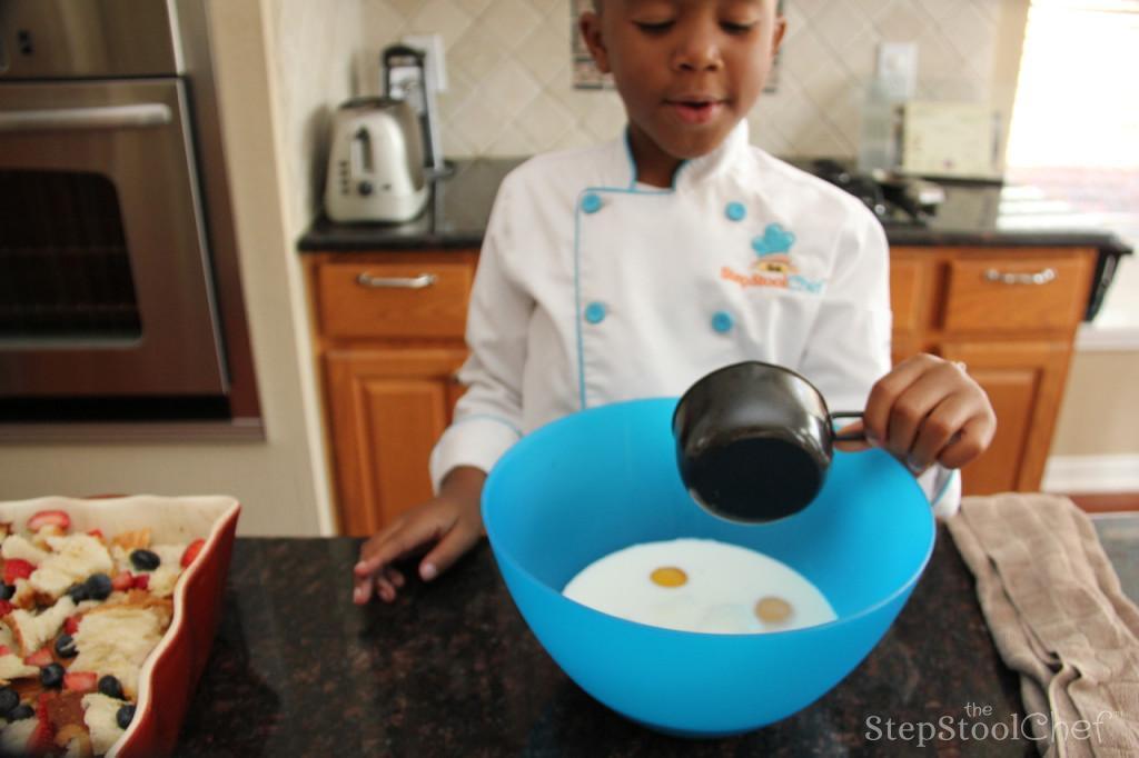 Step 4 of Berrylicious French Toast Casserole Recipe: In a large bowl, add the Egg (4), Milk (1 3/4 cup), Granulated Sugar (1/2 cup), Brown Sugar (1/4 cup), Vanilla Extract (2 teaspoon) and Ground Cinnamon (1 1/2 teaspoon).