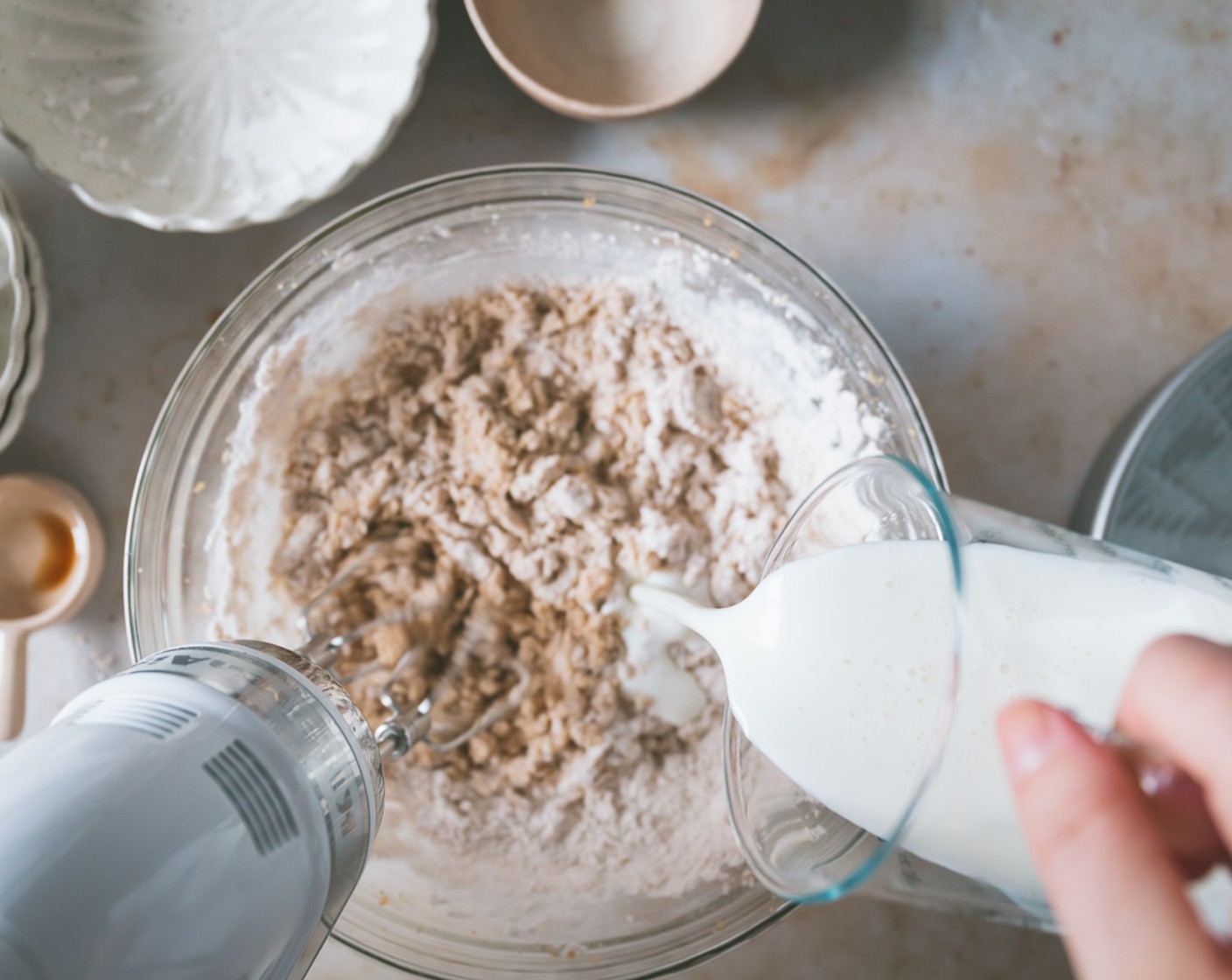 step 4 Add to the butter mixture and mix until just incorporated. Stream in the Buttermilk (1 cup) while mixing on low.