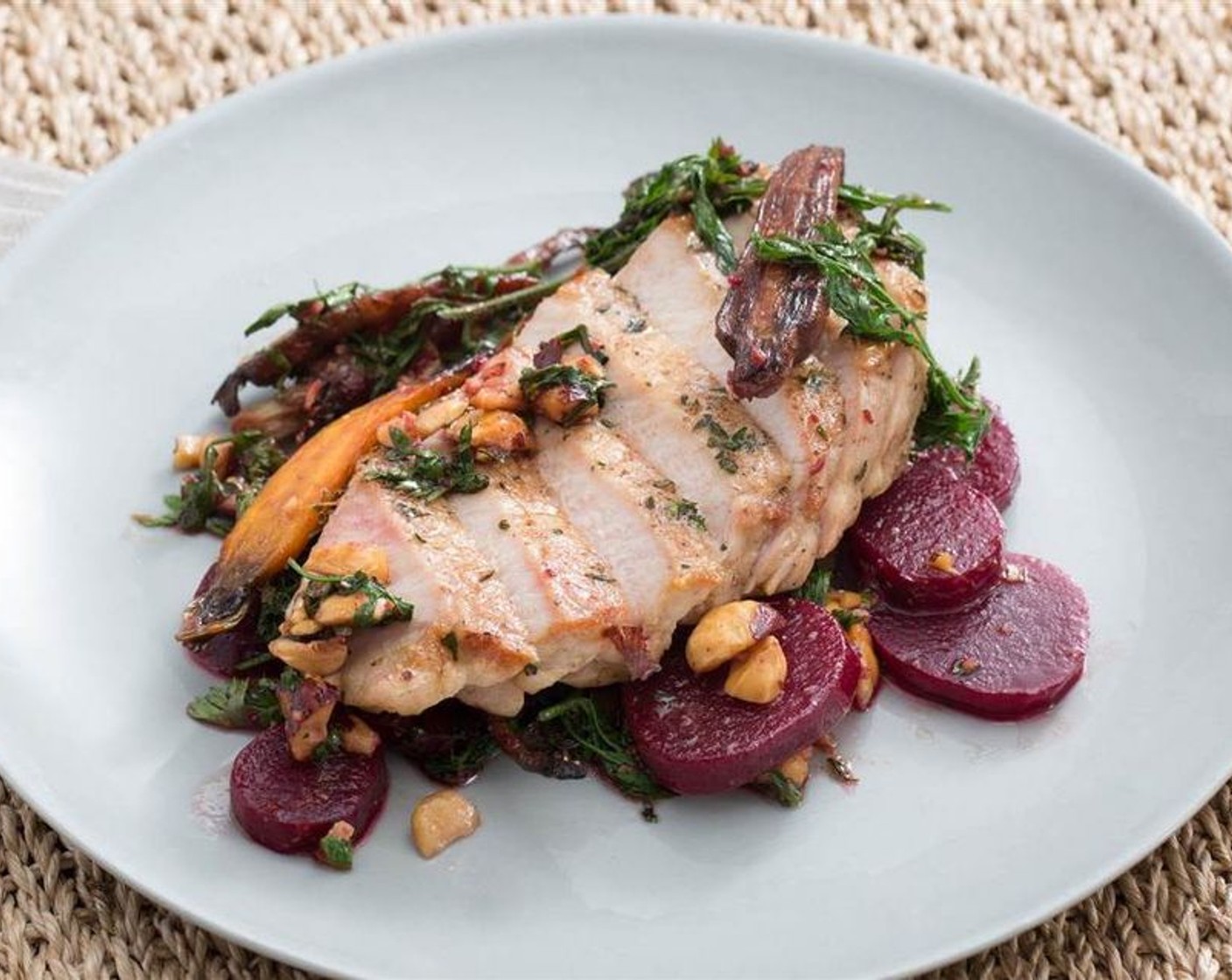 Pork Chops with Beets, Heirloom Carrots & Hazelnuts