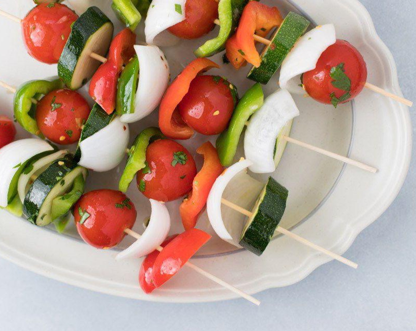 step 4 Alternately thread vegetables onto the skewers.