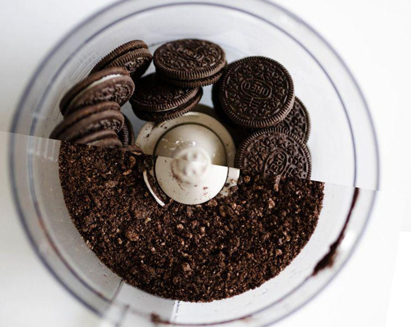 step 1 In a food processor, blitz the Oreo® Chocolate Sandwich Cookies (20) into coarse crumbs. Mix with Butter (1/4 cup) and press into the bottom of a pie pan or parchment paper-lined springform pan. Set in fridge.