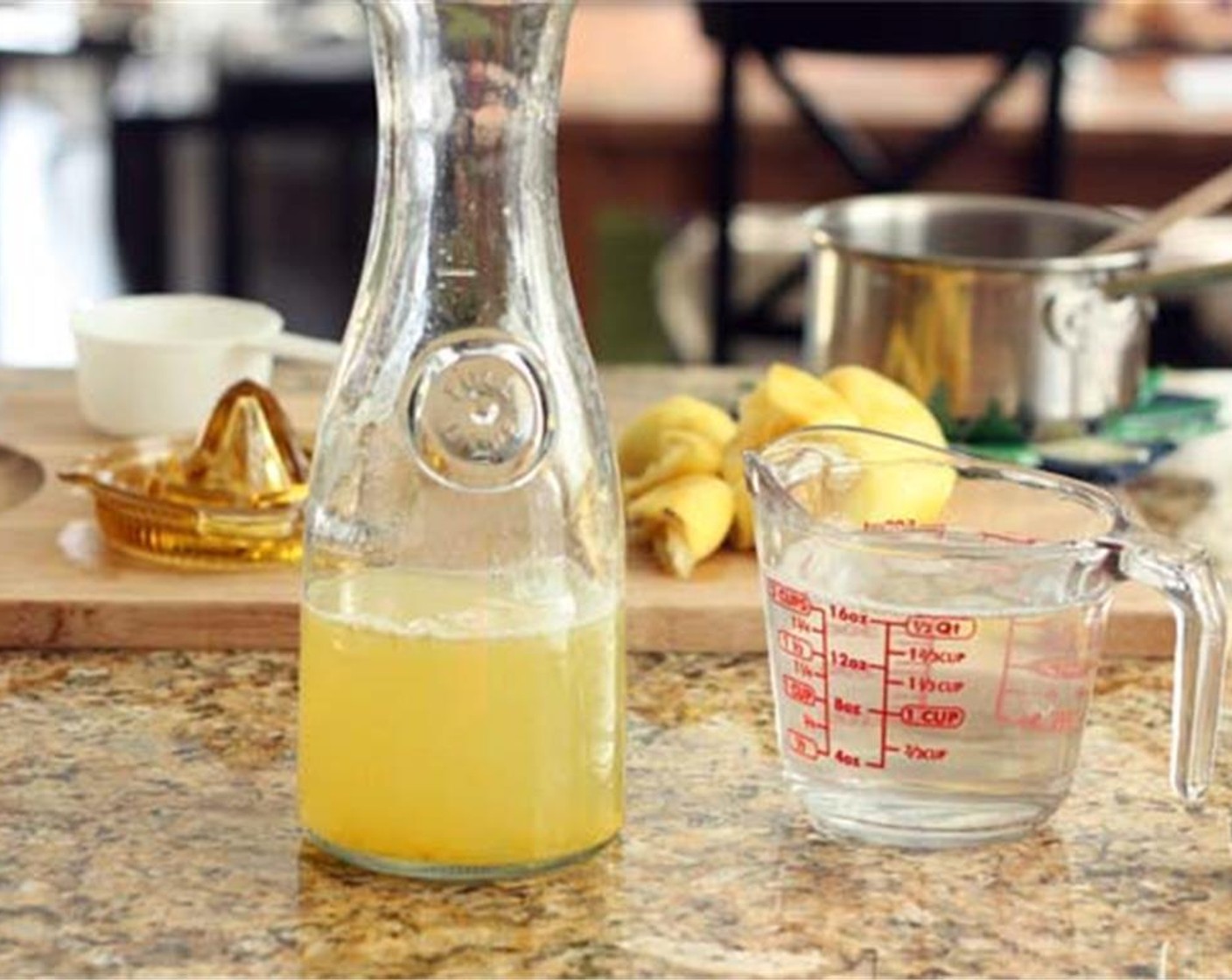 step 4 Combine the freshly squeezed lemon juice and simple syrup in a pitcher. Add Water (2 cups) to dilute. If you prefer your lemonade even thinner, add up to one cup more or until to your liking.