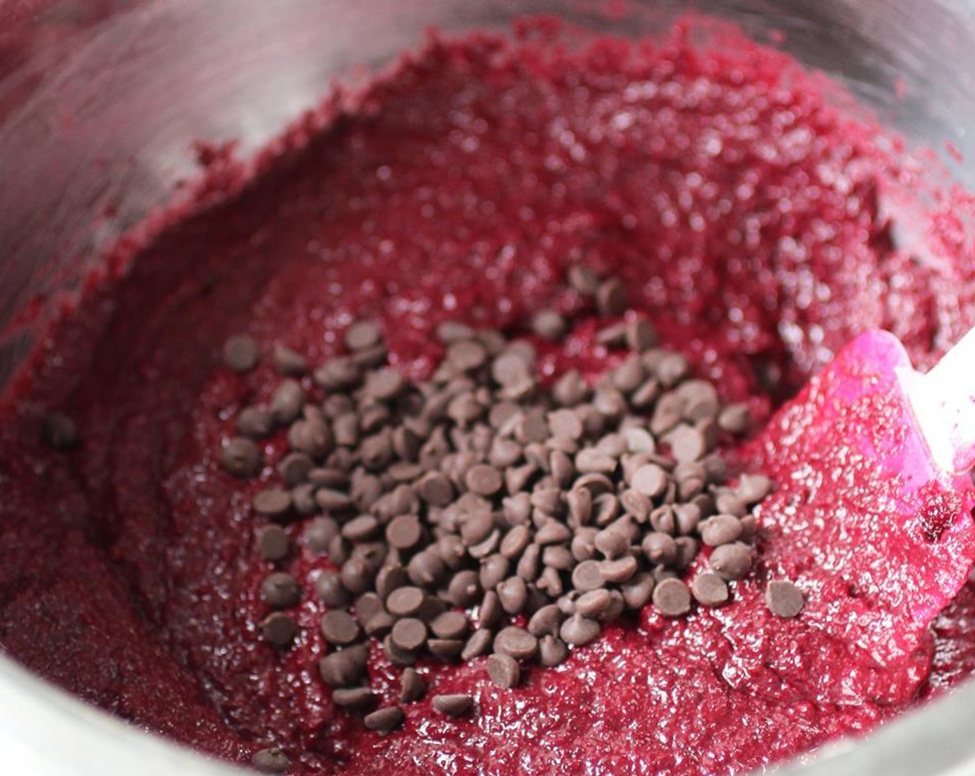 step 7 Stir the banana and beet mixture together and then add to the dry ingredients and then mix in the Vegan Mini Chocolate Chips (1/2 cup).