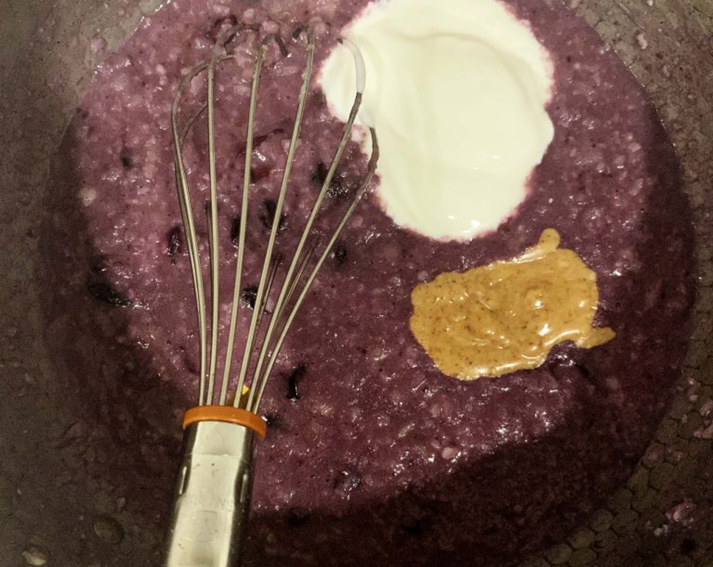 step 3 Turn off the heat and carefully stir in Granulated Erythritol (2 Tbsp), Coconut Greek Yogurt (2 Tbsp), and Creamy Almond Butter (1 Tbsp).