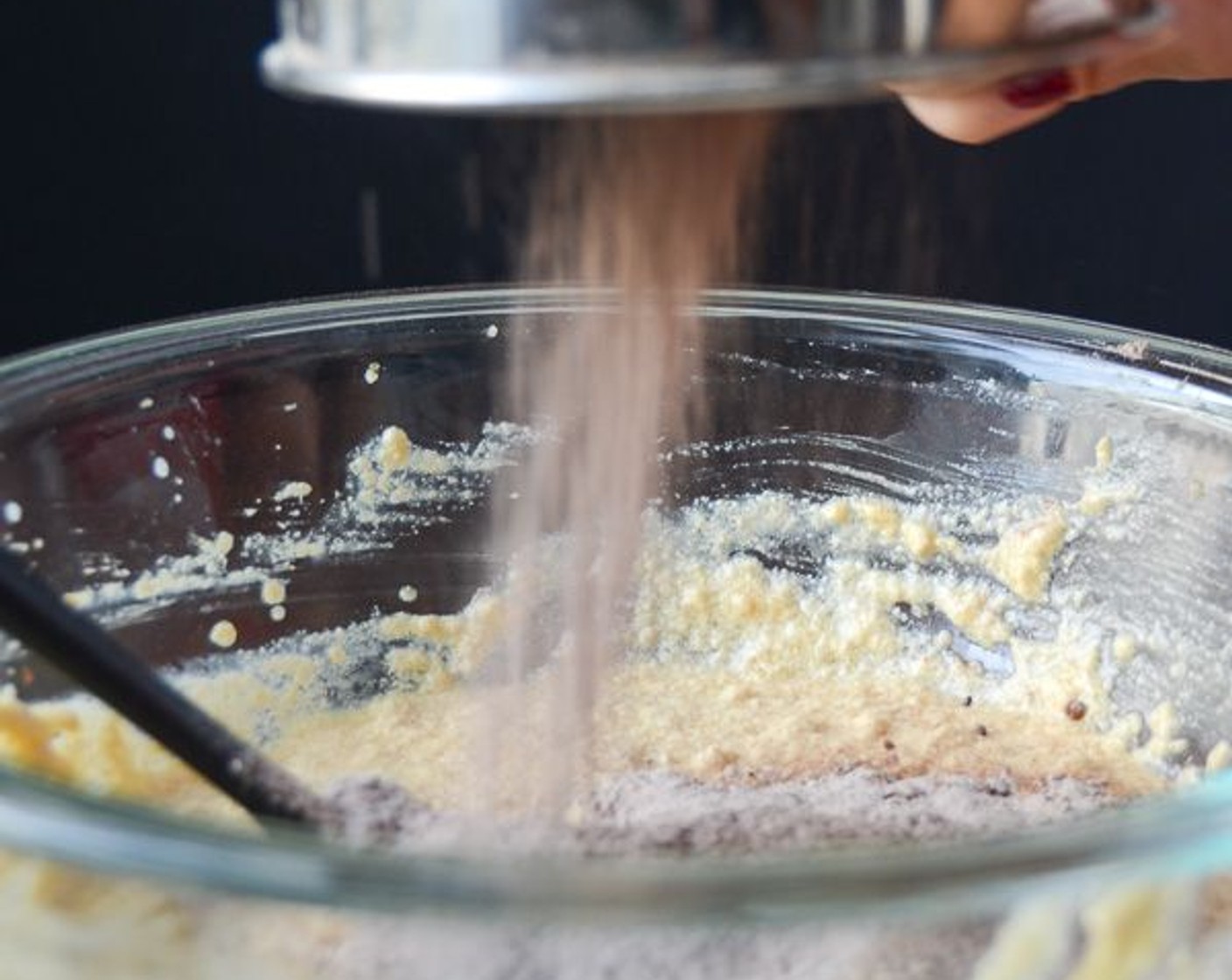 step 6 Sift together the Unsweetened Cocoa Powder (1/2 cup), All-Purpose Flour (1 cup), Baking Soda (1/4 tsp), Baking Powder (1/2 tsp), and Salt (1/2 tsp) and beat into the butter mixture on low speed until just combined.