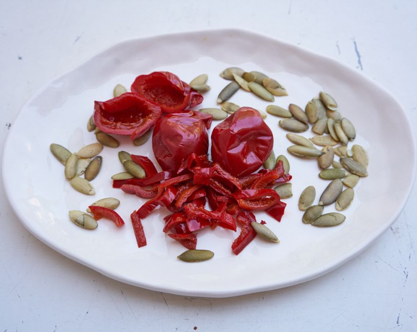 step 3 Slice Pimiento Peppers (6) into thin slivers.