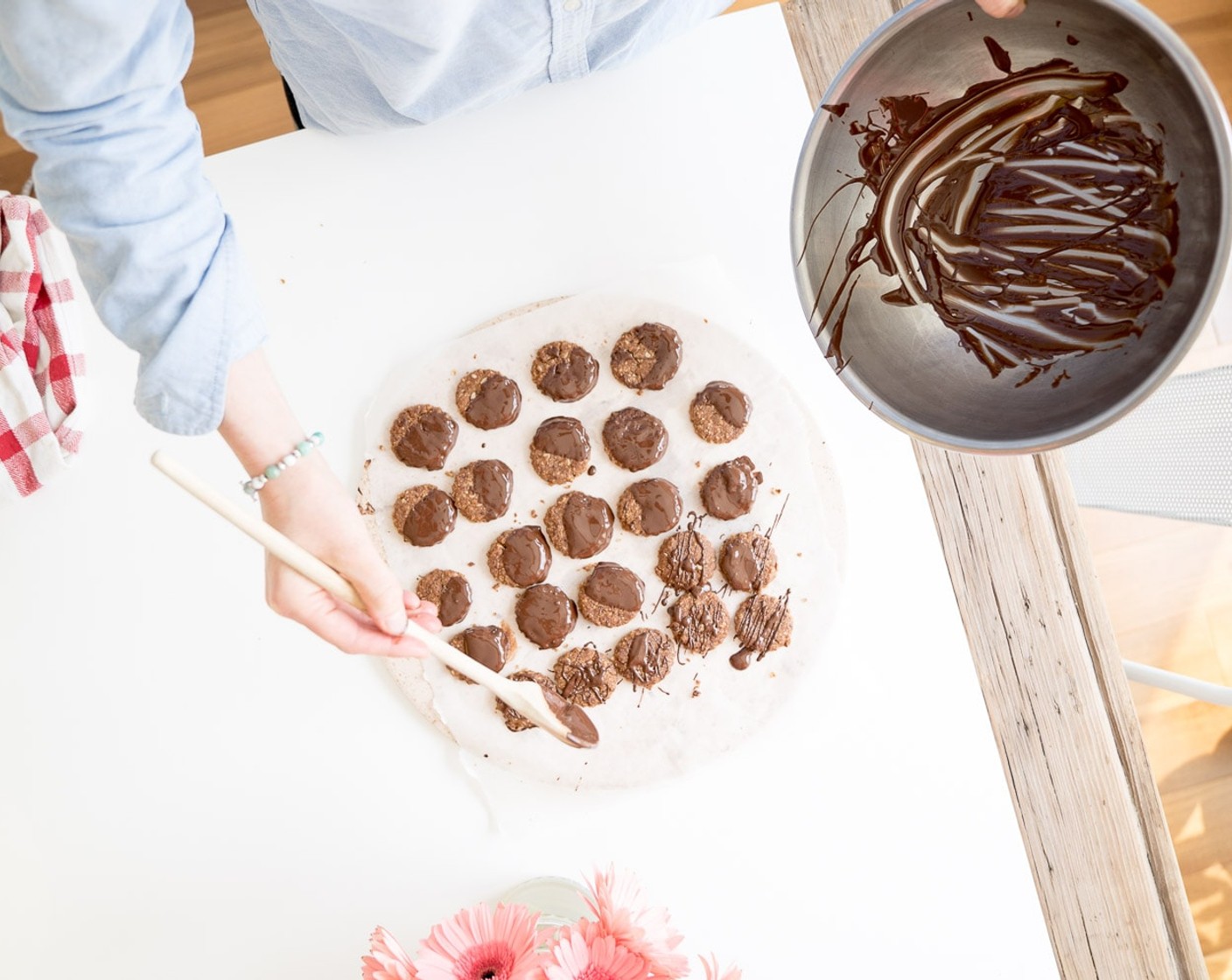 step 9 Place Chocolate Chips (1/2 cup) in a saucepan on very low heat or use a double boiler to melt completely. Dip each cookie into chocolate and then refrigerate for an hour, then dip or drizzle cookies with chocolate!