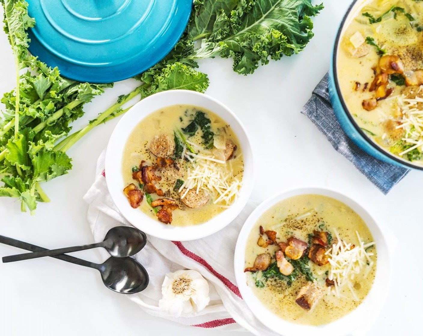 step 12 Ladle soup into bowls, serve with crispy bacon pieces and Parmesan Cheese (to taste) and enjoy!