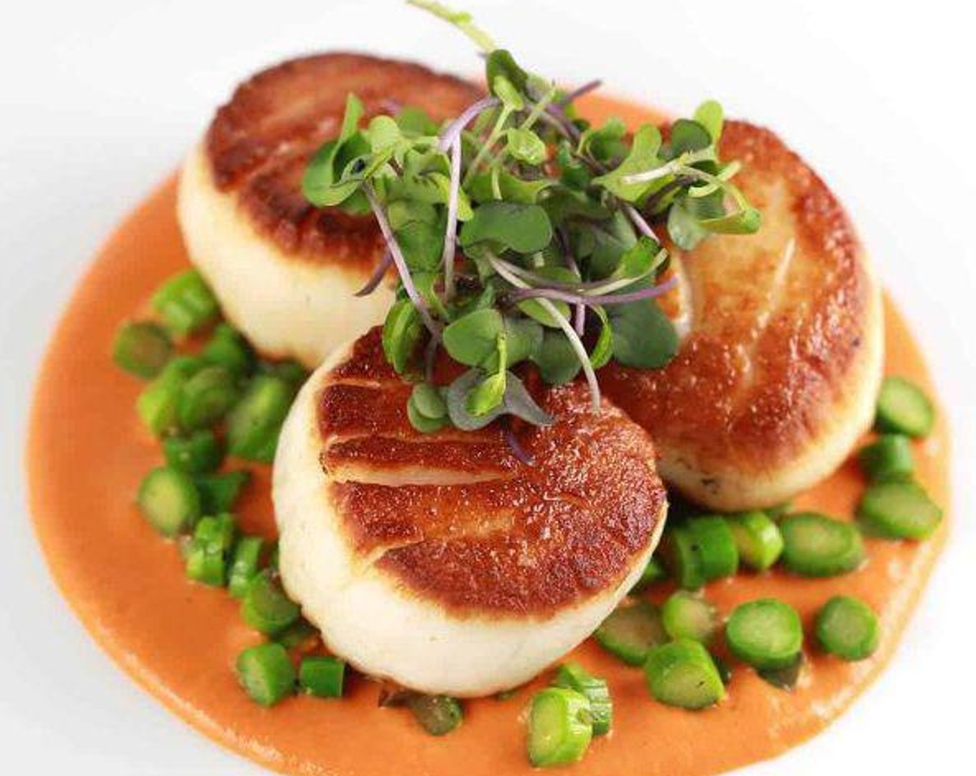 Caramelized Scallops with Curried Roasted Red Pepper Coulis