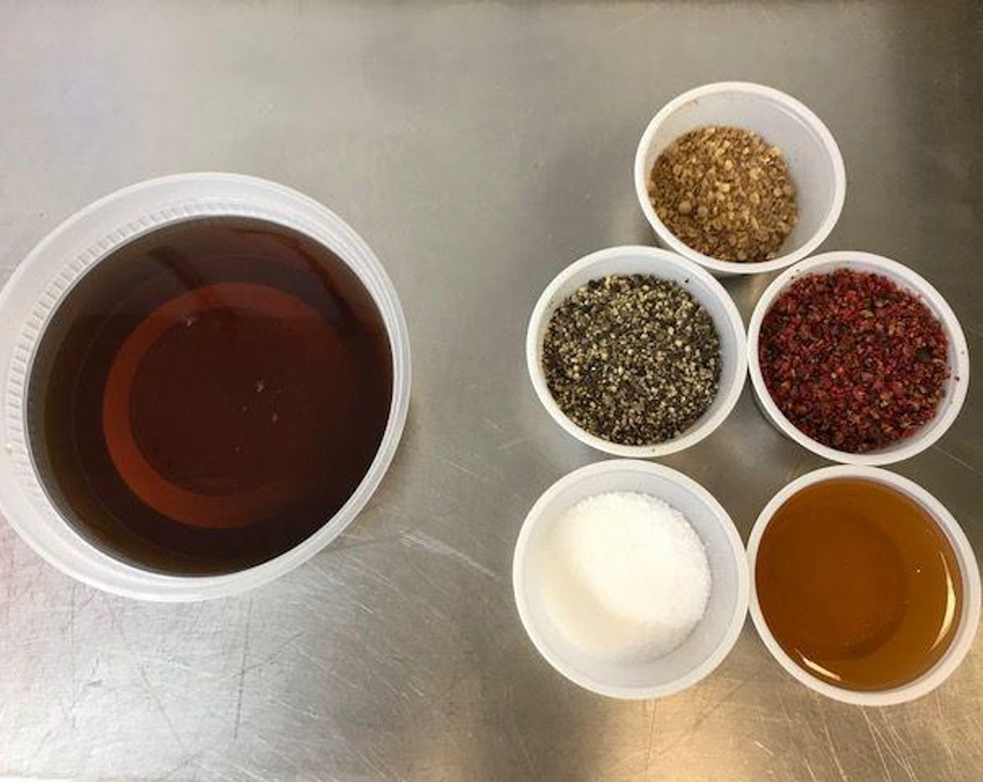 step 4 Mix the Maple Syrup (1 cup) and Honey (2 2/3 Tbsp) together in a bowl. In a separate bowl, mix the Pink Peppercorns (3 Tbsp), Black Peppercorns (3 Tbsp), Ground Coriander (1/2 cup) and Salt (2 tsp) together.