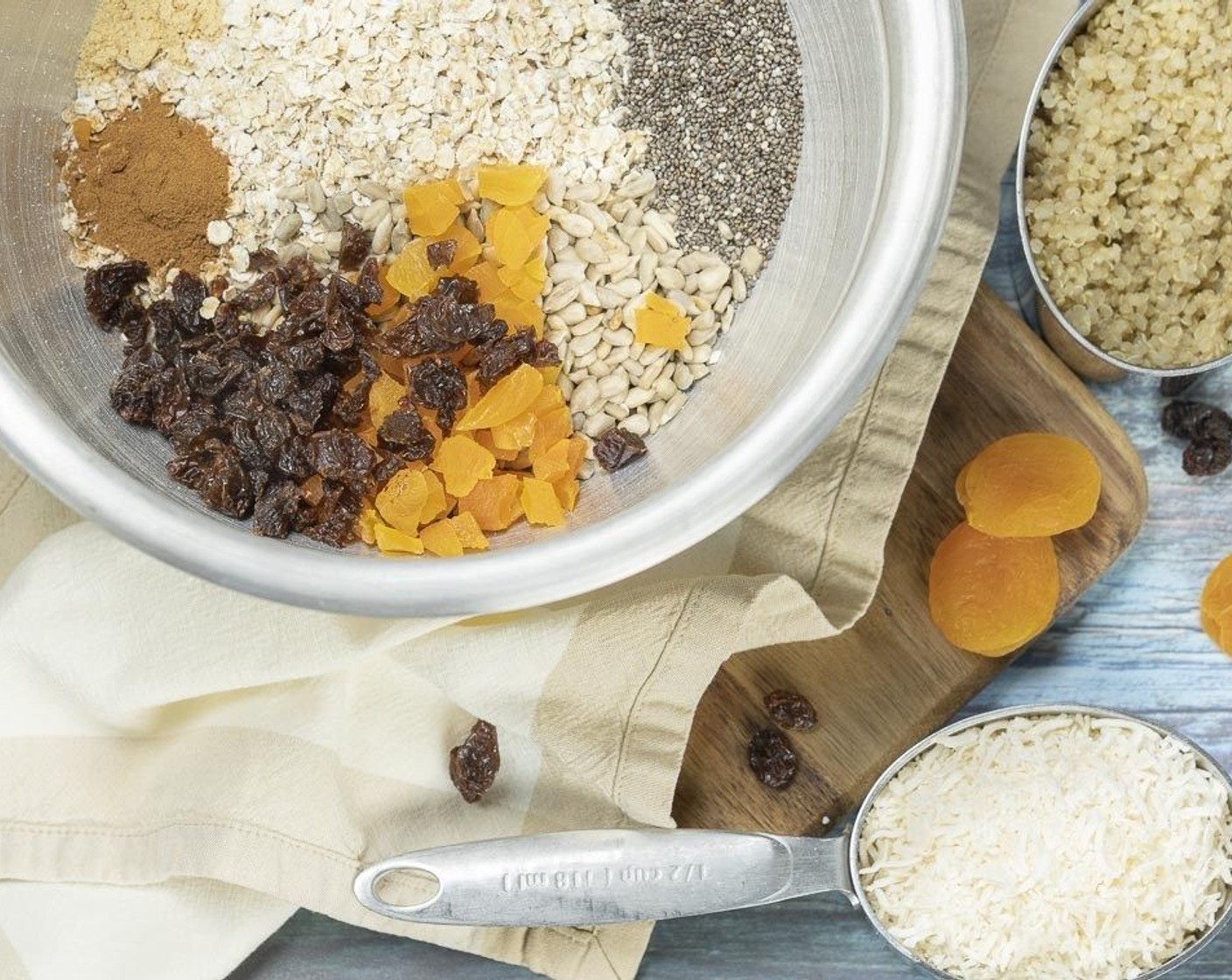 step 4 Add Eggland's Best Classic Egg (1) and Pure Vanilla Extract (1 tsp), stir to combine. Mix in the Oat Flour (1 1/2 cups), Oatmeal (1/2 cup), Unsweetened Shredded Coconut (1/2 cup), Sunflower Seeds (4 Tbsp), Dried Apricots (4 Tbsp), Sun-Maid Raisins (4 Tbsp), Chia Seeds (2 Tbsp), Simply Organic Cinnamon, Ground (1/2 tsp), Baking Powder (1/4 tsp), Salt (1/4 tsp) and Ground Ginger (1/4 tsp), stirring until just combined.