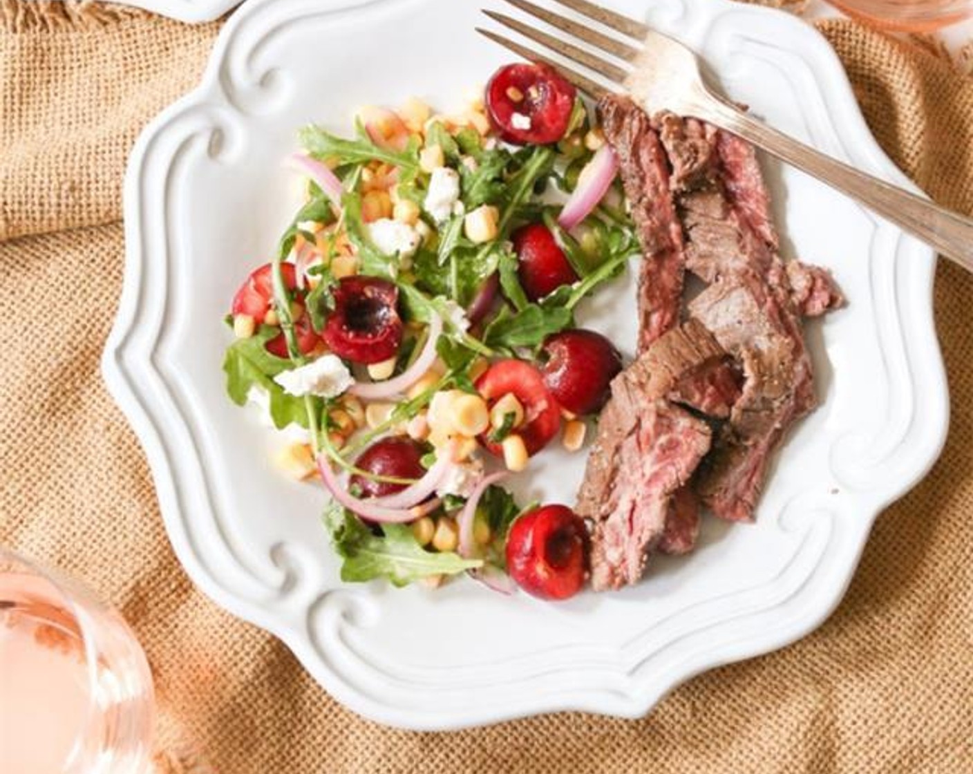 Marinated Steak with Sweet Corn and Cherry Salad