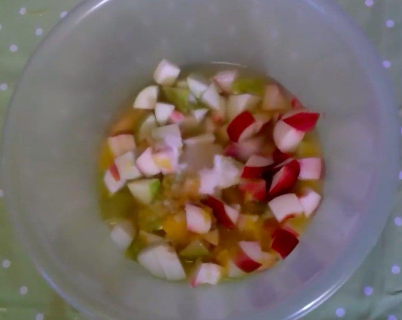 step 1 Cut Peaches (2), Apple (1) and Pear (1) into cubes  and place into jar.